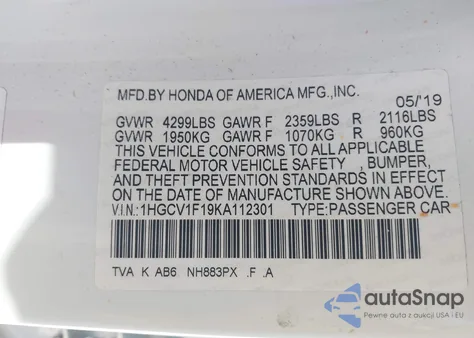 2019 Honda Accord Lx z USA, uszkodzony, nr VIN 1HGCV1F19KA112301